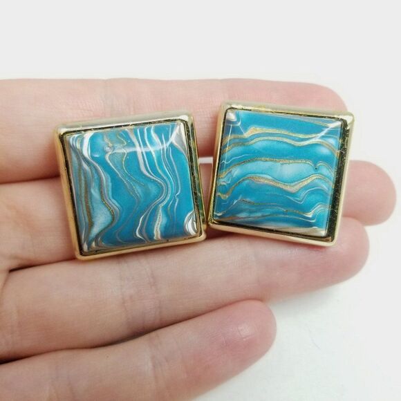 Vintage Blue Marbled Design Square Stud Earrings, Retro 80s Style, Estate - Picture 5 of 6